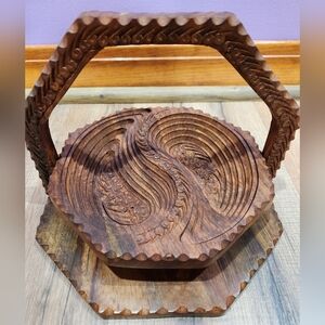 Carved Vintage Wooden Collapsible Basket serving Tray, Two Sections